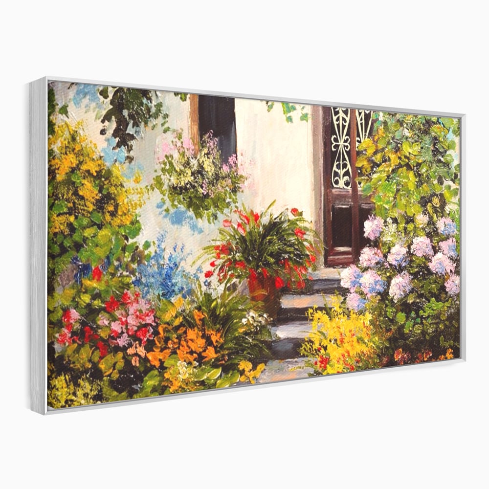 Tablou canvas cu tablou canvas cu alee florala si casa, in rama de aluminiu argintiu